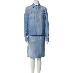 Bottega Veneta Printed Denim Silk Shirt and Skirt Set - XS - Light Wash